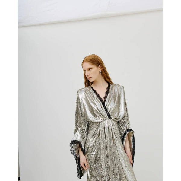 Avaro Figlio Starlight Deep-V Sequin Draped Gown, view 5