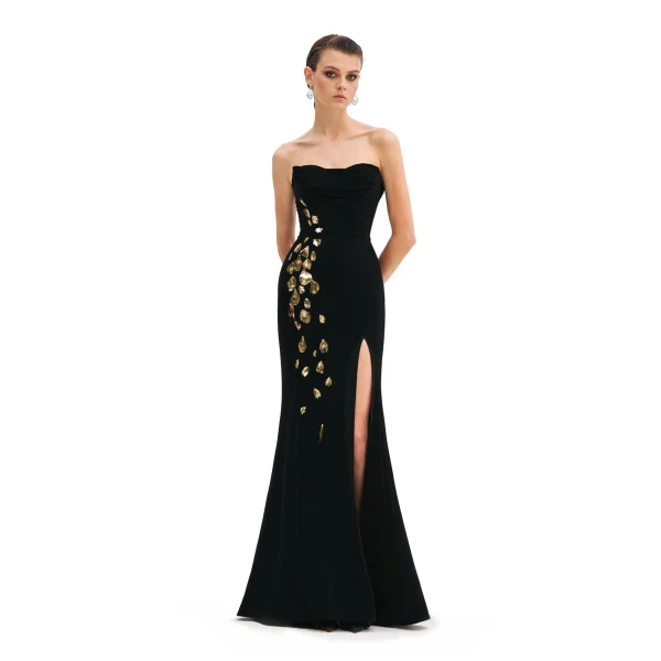 Strapless Gown With Gold Embroidery
