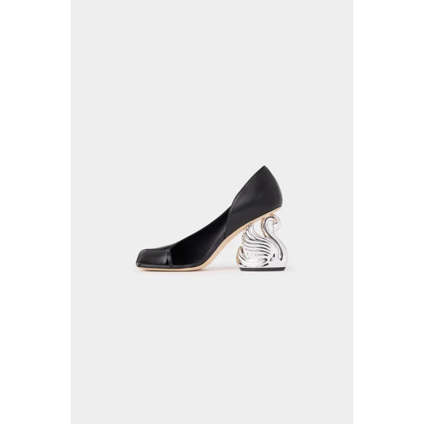 A.W.A.K.E. MODE Christine Cousin Shoes With Swan Heel Black Silver Gold, view 2