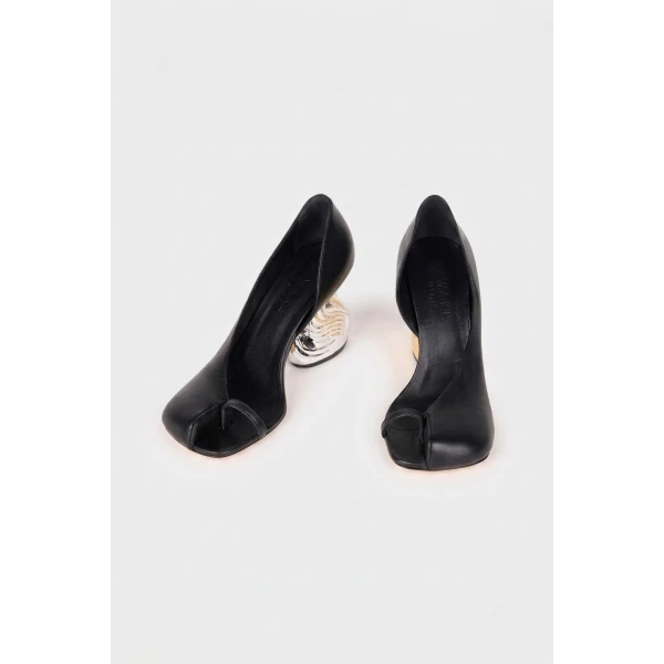 A.W.A.K.E. MODE Christine Cousin Shoes With Swan Heel Black Silver Gold, view 3