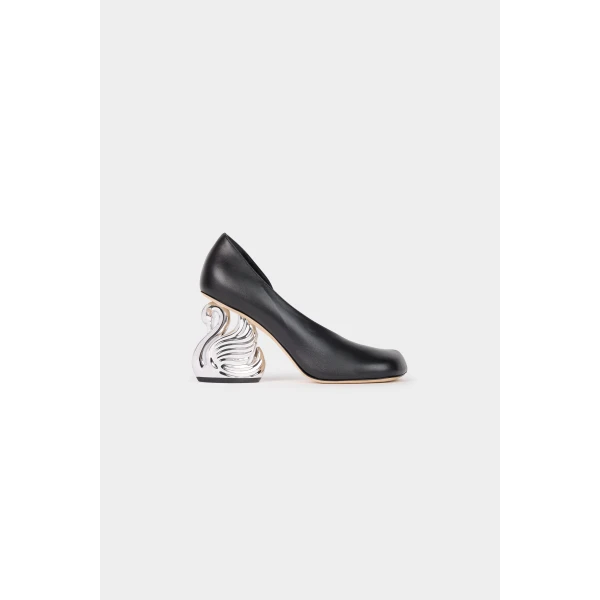 A.W.A.K.E. MODE Christine Cousin Shoes With Swan Heel Black Silver Gold, view 4