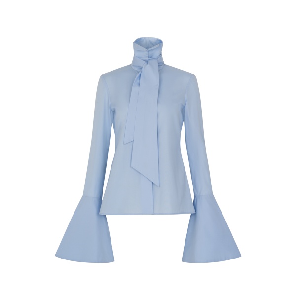 Victorian Style High Collar Top With Jabot Light Blue