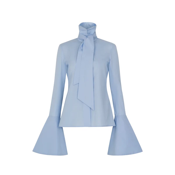 Victorian Style High Collar Top With Jabot Light Blue