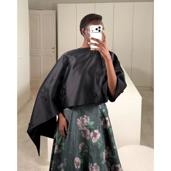 Bernadette Cape Leo in Black Lingerie Rose Embroidery on Black | Jackets | Coveti