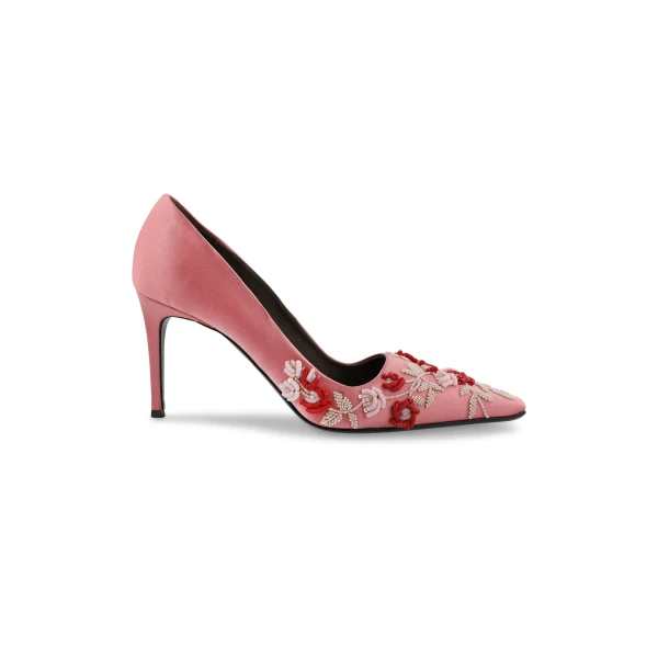 Bernadette Classic Satin High Heel Pump Rose Embroidery in Multi Pastel Lingerie Rose Embroidery on Pink | Heels | Coveti