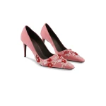 Bernadette Classic Satin High Heel Pump Rose Embroidery in Multi Pastel Lingerie Rose Embroidery on Pink | Heels | Coveti