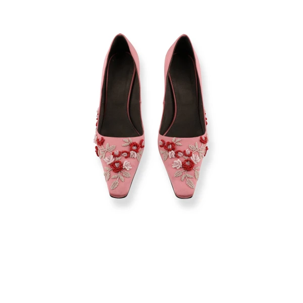 Bernadette Classic Satin High Heel Pump Rose Embroidery in Multi Pastel Lingerie Rose Embroidery on Pink | Heels | Coveti