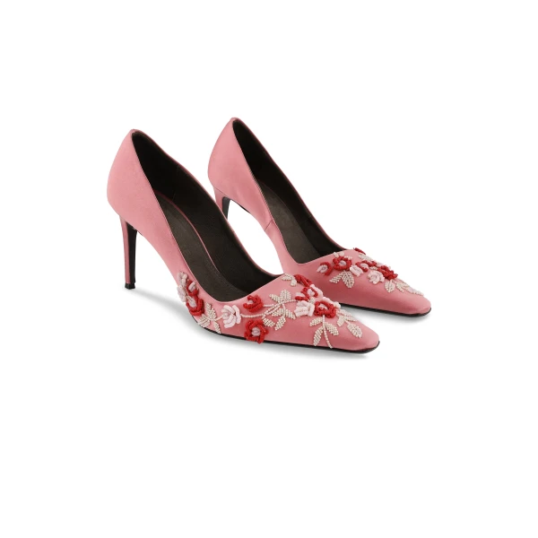 Classic Satin High Heel Pump Rose Embroidery in Multi Pastel Lingerie Rose Embroidery on Pink