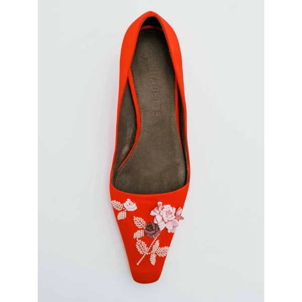 Bernadette Classic Satin Pump Rose Embroidered in Pink and Rose Lingerie Rose Embroidery on Red | Heels | Coveti