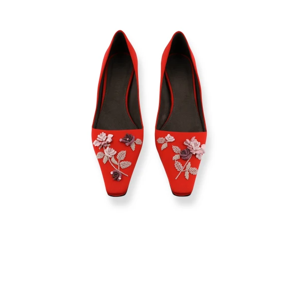 Bernadette Classic Satin Pump Rose Embroidered in Pink and Rose Lingerie Rose Embroidery on Red | Heels | Coveti