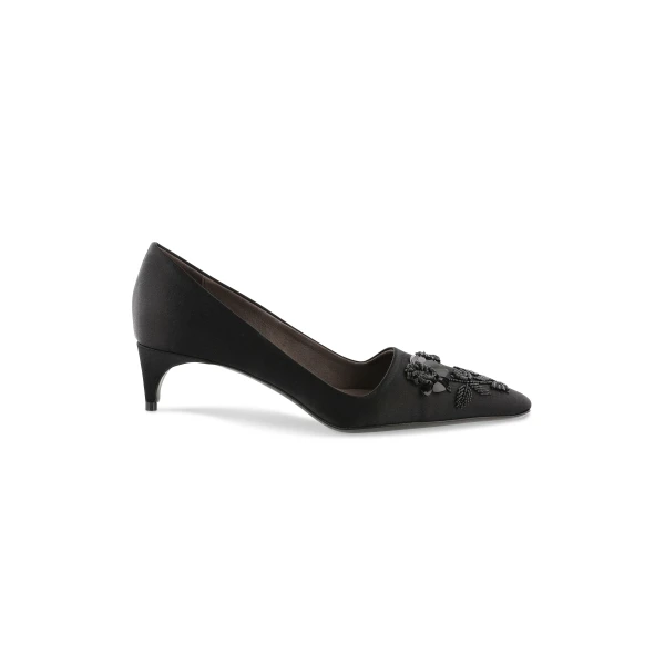 Bernadette Classic Satin Pump Rose Embroidery in Black Lingerie Rose Embroidery on Black | Heels | Coveti