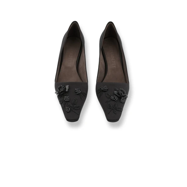 Bernadette Classic Satin Pump Rose Embroidery in Black Lingerie Rose Embroidery on Black | Heels | Coveti