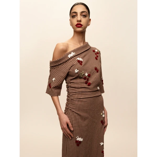 Bernadette Dress Bowery Embroidered in Red Berry Embroidery on Brown and Pink Wool Vichy | Maxi Dresses | Coveti