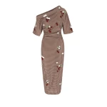 Bernadette Dress Bowery Embroidered in Red Berry Embroidery on Brown and Pink Wool Vichy | Maxi Dresses | Coveti