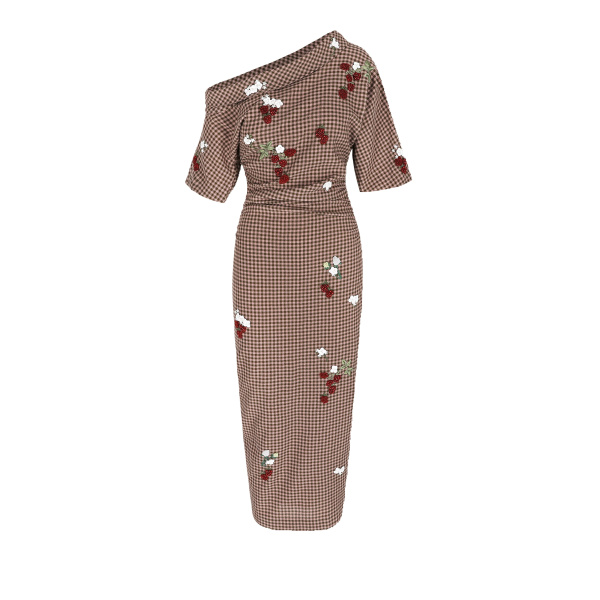 Bernadette Dress Bowery Embroidered in Red Berry Embroidery on Brown and Pink Wool Vichy | Maxi Dresses | Coveti