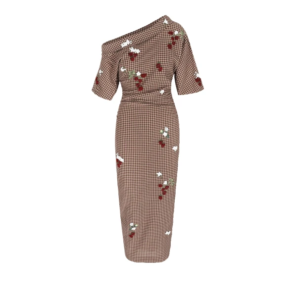 Dress Bowery Embroidered in Red Berry Embroidery on Brown and Pink Wool Vichy