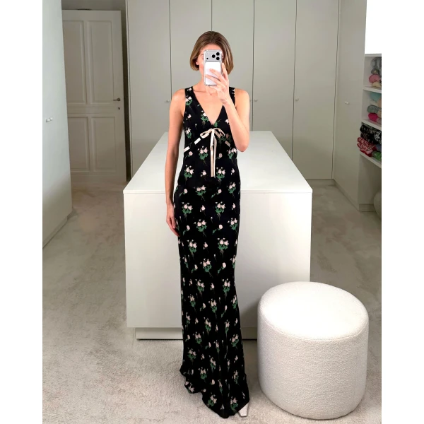 Bernadette Dress Camille in Lingerie Roses Pink on Black | Maxi Dresses | Coveti