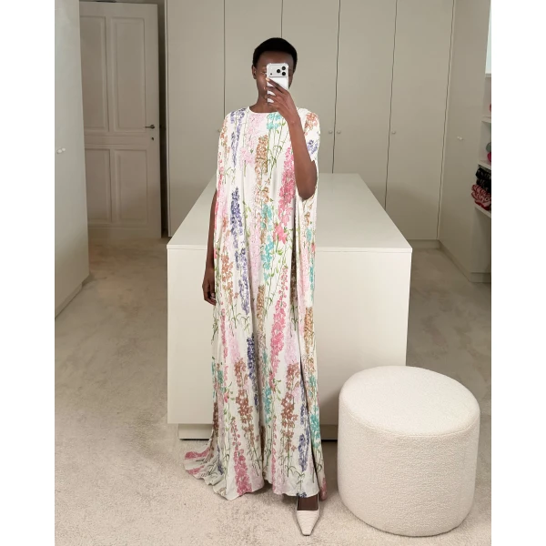 Bernadette Dress Eleonore Embroidered in Silver Delphinium Embroidery on Ivory | Evening Gowns | Coveti