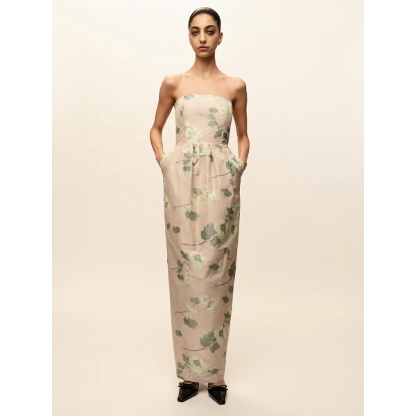 Bernadette Dress Lena in Chine Hydrangea Green on Beige | Maxi Dresses | Coveti