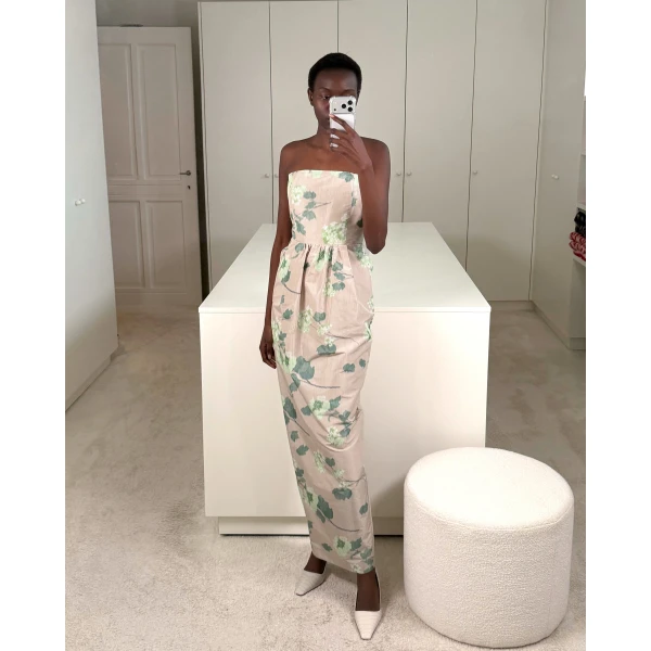 Bernadette Dress Lena in Chine Hydrangea Green on Beige | Maxi Dresses | Coveti