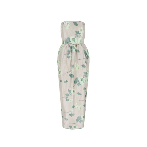 Bernadette Dress Lena in Chine Hydrangea Green on Beige | Maxi Dresses | Coveti