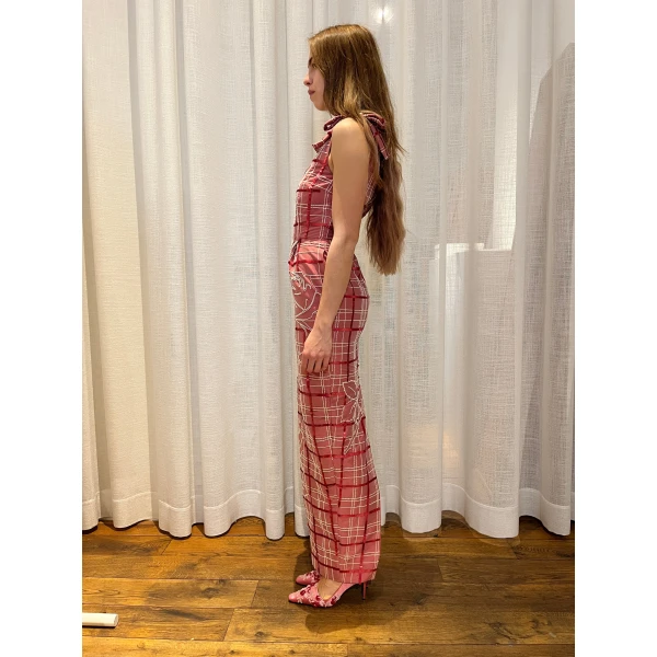 Bernadette Dress Lene Embroidered in Pink and Ivory Tartan Embroidery on Baroque Rose | Maxi Dresses | Coveti