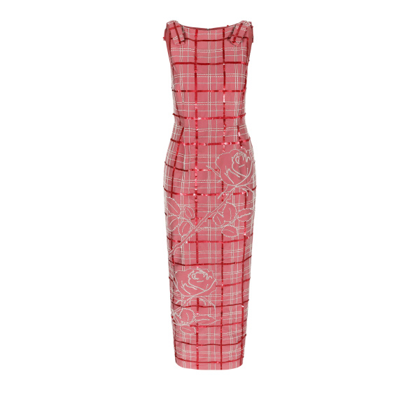 Bernadette Dress Lene Embroidered in Pink and Ivory Tartan Embroidery on Baroque Rose | Maxi Dresses | Coveti