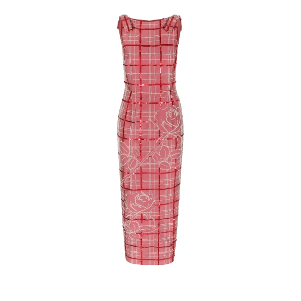 Bernadette Dress Lene Embroidered in Pink and Ivory Tartan Embroidery on Baroque Rose | Maxi Dresses | Coveti