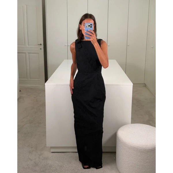 Bernadette Dress Lene in Embossed Petals Black | Maxi Dresses | Coveti