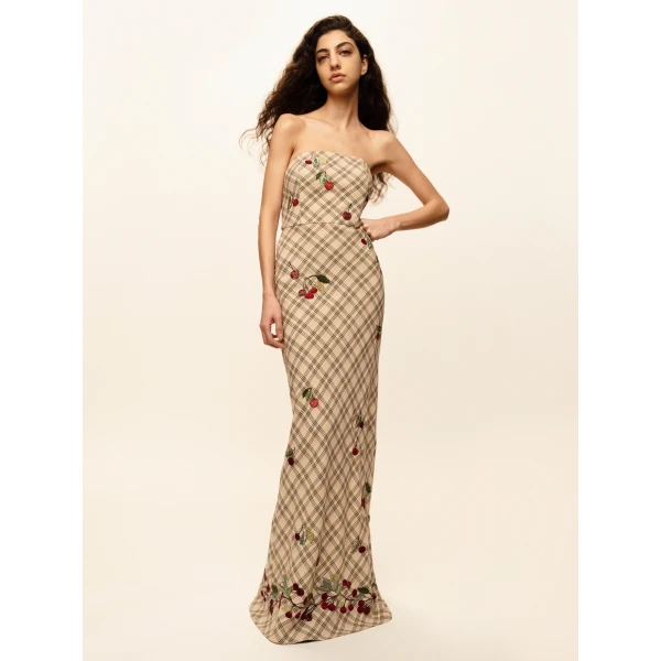 Bernadette Dress Luna Embroidered in Multi Red Cherry Embroidered on Cream Check | Maxi Dresses | Coveti