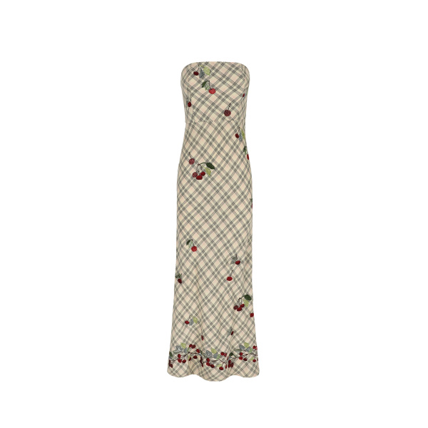 Bernadette Dress Luna Embroidered in Multi Red Cherry Embroidered on Cream Check | Maxi Dresses | Coveti