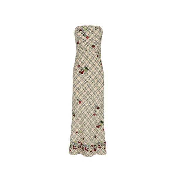Dress Luna Embroidered in Multi Red Cherry Embroidered on Cream Check