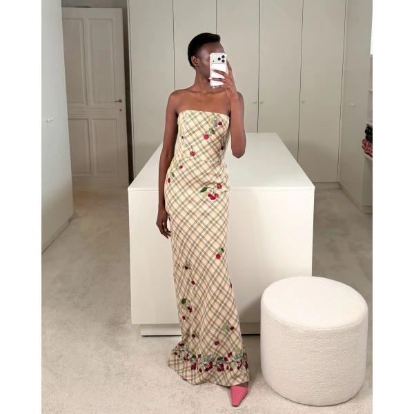 Bernadette Dress Luna Embroidered in Multi Red Cherry Embroidered on Cream Check | Maxi Dresses | Coveti