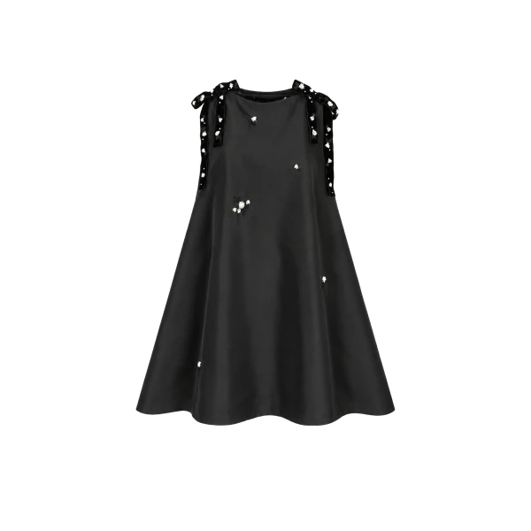 Bernadette Dress Melody Embroidered in Multi Bow Embroidery on Black | Mini Dresses | Coveti