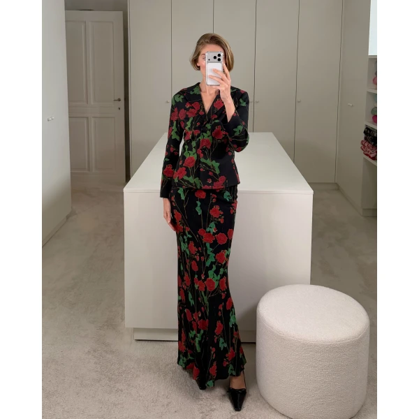 Bernadette Jacket Elle in Rosebranches Red on Black | Blazers | Coveti