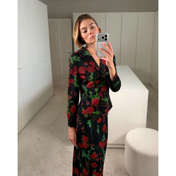 Bernadette Jacket Elle in Rosebranches Red on Black | Blazers | Coveti