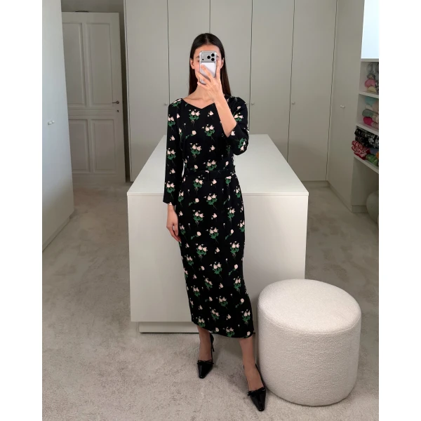 Bernadette Lucky Dress in Lingerie Roses Pink on Black | Maxi Dresses | Coveti