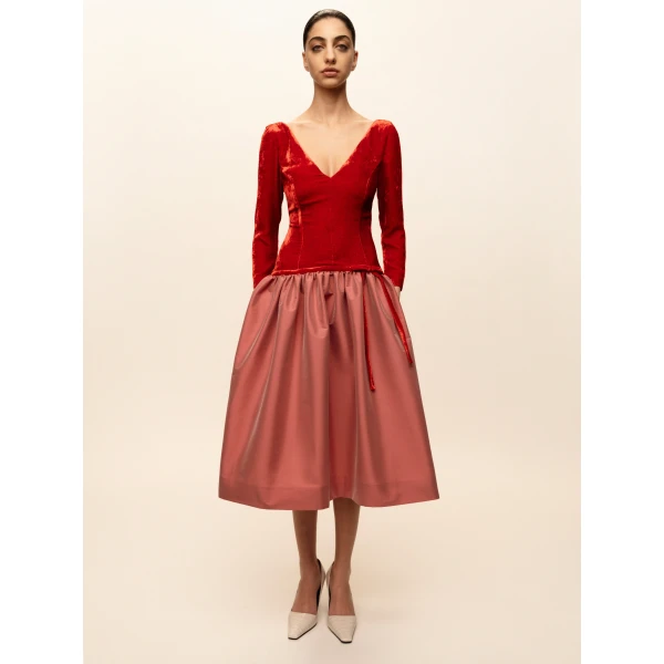 Bernadette Midi Dress Inez in Red and Powder Rose | Midi Dresses | Coveti