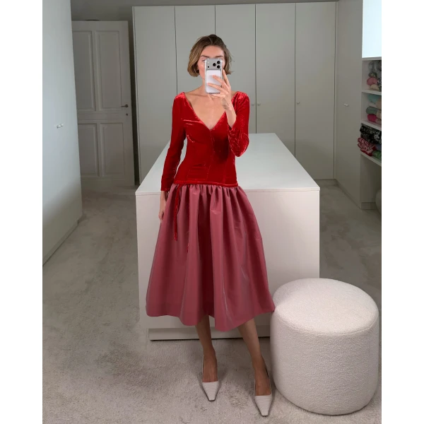 Bernadette Midi Dress Inez in Red and Powder Rose | Midi Dresses | Coveti