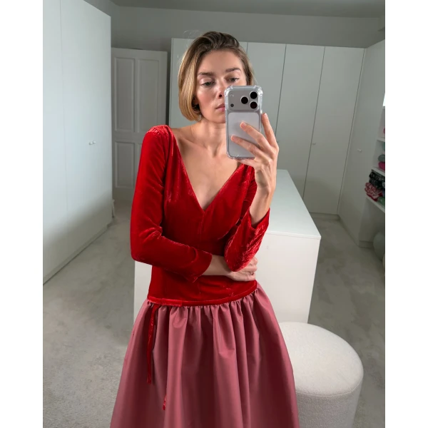 Bernadette Midi Dress Inez in Red and Powder Rose | Midi Dresses | Coveti