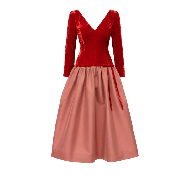Midi Dress Inez in Red and Powder Rose