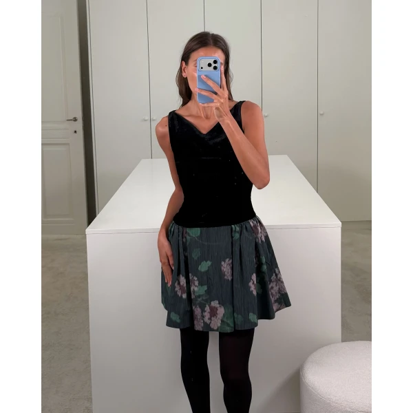 Bernadette Mini Dress Yael in Black and Hydrangea Green on Black | Mini Dresses | Coveti
