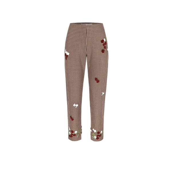 Pants Martha Embroidered in Red Berry Embroidery on Brown and Pink Wool Vichy