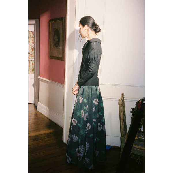 Bernadette Skirt Callum in Chine Hydrangea Pink on Black | Maxi Skirts | Coveti
