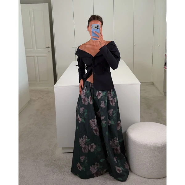 Bernadette Skirt Callum in Chine Hydrangea Pink on Black | Maxi Skirts | Coveti
