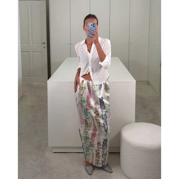 Bernadette Skirt Damian in Delphinium Multicolour on Cream | Maxi Skirts | Coveti