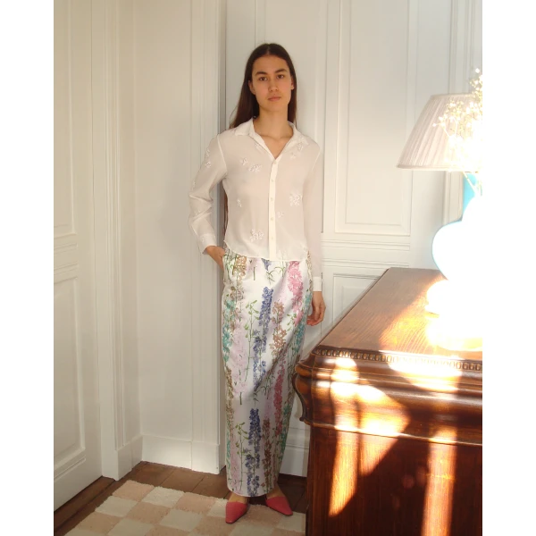 Bernadette Skirt Damian in Delphinium Multicolour on Cream | Maxi Skirts | Coveti