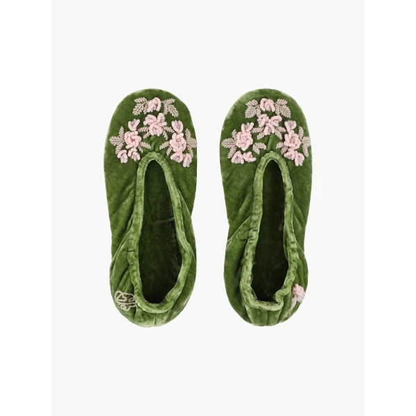 Bernadette Velvet Slippers in Dark Lime | Slippers | Coveti