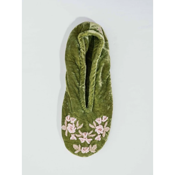 Bernadette Velvet Slippers in Dark Lime | Slippers | Coveti