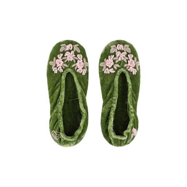 Velvet Slippers in Dark Lime